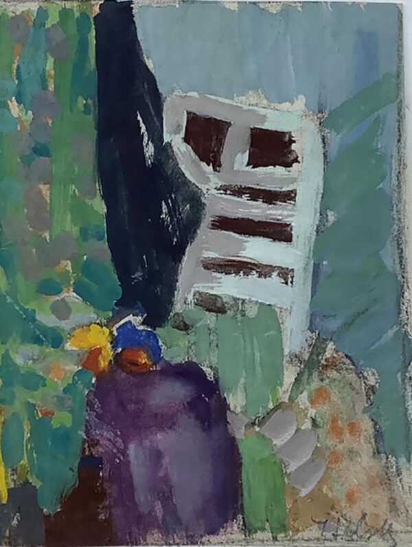 1970s Joanna Salska Still Life Painting With Chair and Fruits