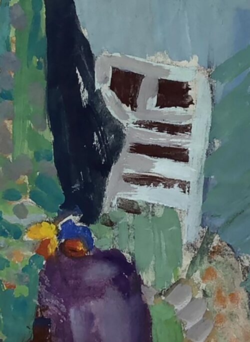 1970s Joanna Salska Still Life Painting With Chair and Fruits