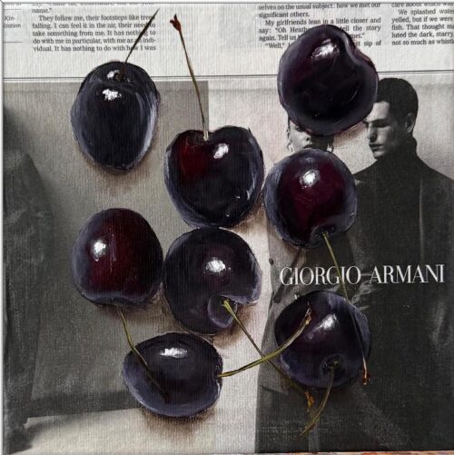 Contemporary Oil Cherries Painting on Armani Ad Newsprint- Wrapped Canvas