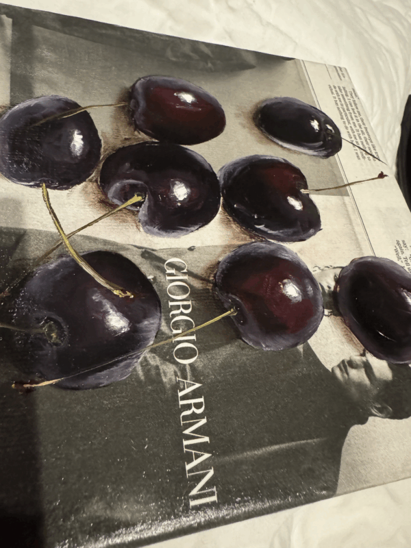 Contemporary Oil Cherries Painting on Armani Ad Newsprint- Wrapped Canvas Contemporary Oil Cherries Painting on Armani Ad Newsprint- Wrapped Canvas