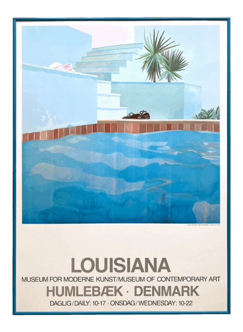 David Hockney Vintage 1976 Lithograph Print Framed Pop Art Denmark Exhibition Poster " Pool & Steps. Le Nid Du Duc " 1971