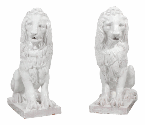 Facing Early to Mid-20th Century Regal, Majolica Lion Figures - A Pair