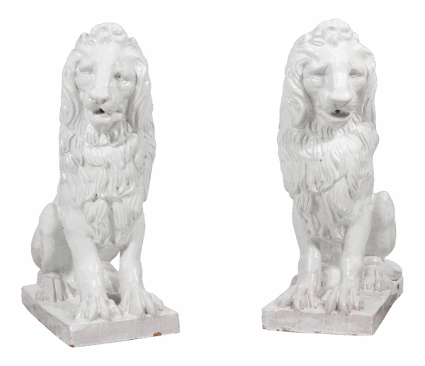 Facing Early to Mid-20th Century Regal, Majolica Lion Figures - A Pair Facing Early to Mid-20th Century Regal, Majolica Lion Figures - A Pair