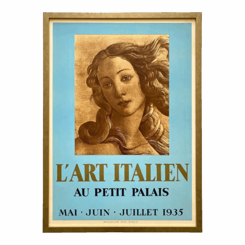 " l'Art Italien " Vintage 1935 Mourlot Fine Art Lithograph Print Art Deco Framed Paris Exhibition Poster Botticelli " Birth of Venus " 1482