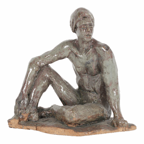 Modern Relaxed Male Nude Sculpture in Clay on Wood, 2005