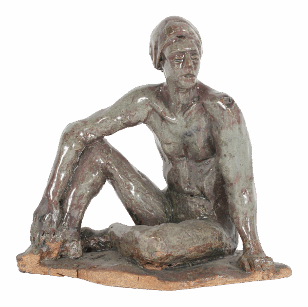 Modern Relaxed Male Nude Sculpture in Clay on Wood, 2005