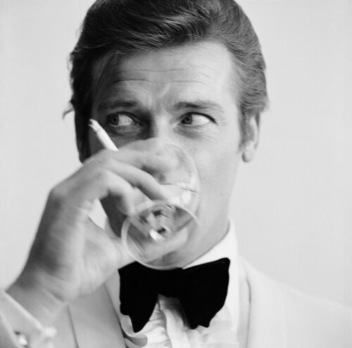 Shaken Not Stirred' Roger Moore as James Bond Contemporary Archival Black and White Photograph Print From the Original Negative by Peter Ruck - 16x16