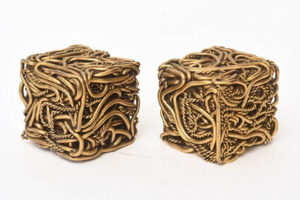 Vintage Signed Yascal French Bronze Twisted Square Cube Sculptures Pair Of