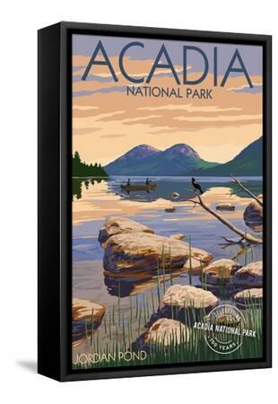 Acadia National Park, Maine - Celebrating 100 Years - Jordan Pond - Black Framed Canvas Print Wall Art, 12x18