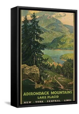 Adirondack Mountains, Lake Placid, Railroad Poster - Black Framed Canvas Print Wall Art, 12x18