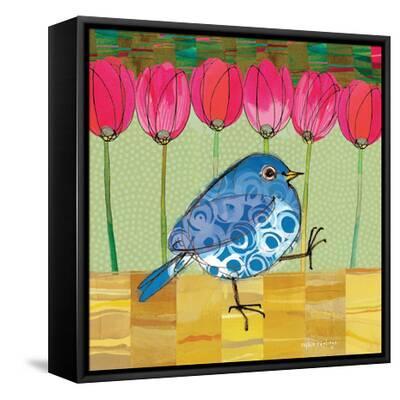 Blue Bird - Tulips - Black Framed Canvas Print Wall Art, 18x18