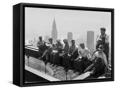 Construction Workers Take a Lunch Break on a Steel Beam Atop the RCA Building at Rockefeller Center - Black Framed Canvas Print Wall Art, 16x12