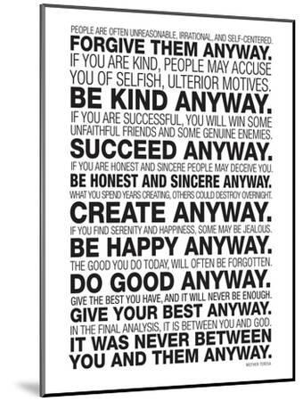 Mother Teresa Anyway Quote Poster - Wood-Mounted Wall Art Print, 12x16