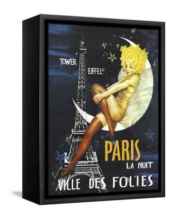 Paris Moon - Black Framed Canvas Print Wall Art, 9x12