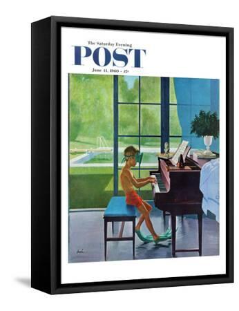 "Poolside Piano Practice," Saturday Evening Post Cover, June 11, 1960 - Black Framed Canvas Print Wall Art, 12x16 "Poolside Piano Practice," Saturday Evening Post Cover, June 11, 1960 - Black Framed Canvas Print Wall Art, 12x16